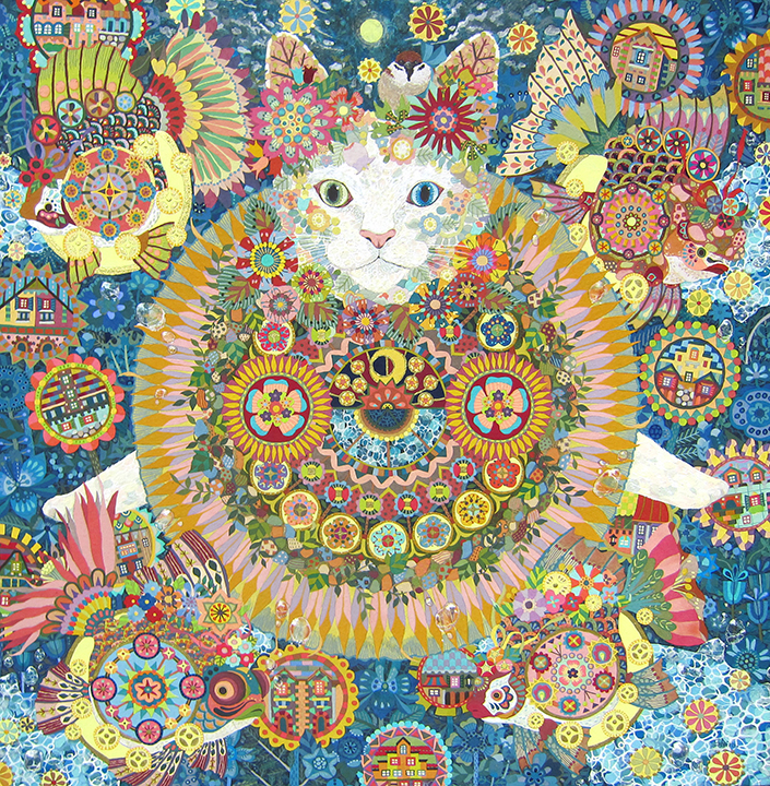 「夜を呼ぶ猫と光を運ぶ魚」S4　麻紙・水干絵具・岩絵具
