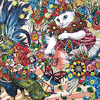 「夜を呼ぶ猫と朝を告げる鶏」27.5cm×19.5cm 水彩紙・水彩絵具・ミリペン・色鉛筆・アクリルガッシュ